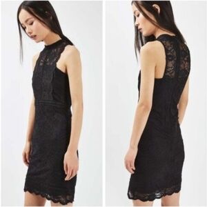 Topshop Racer Back High Neck Black Lace Mini Dress